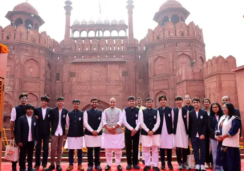 Gen Z Olympiad medallists meet Defence Minister Rajnath Singh at the Red Fort