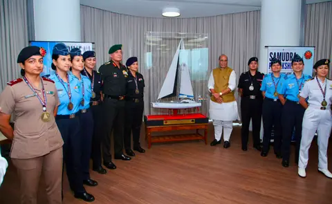 Rajnath Singh Samudra Pradakshina Felicitation Honours First All-Women Tri-Service Circumnavigation